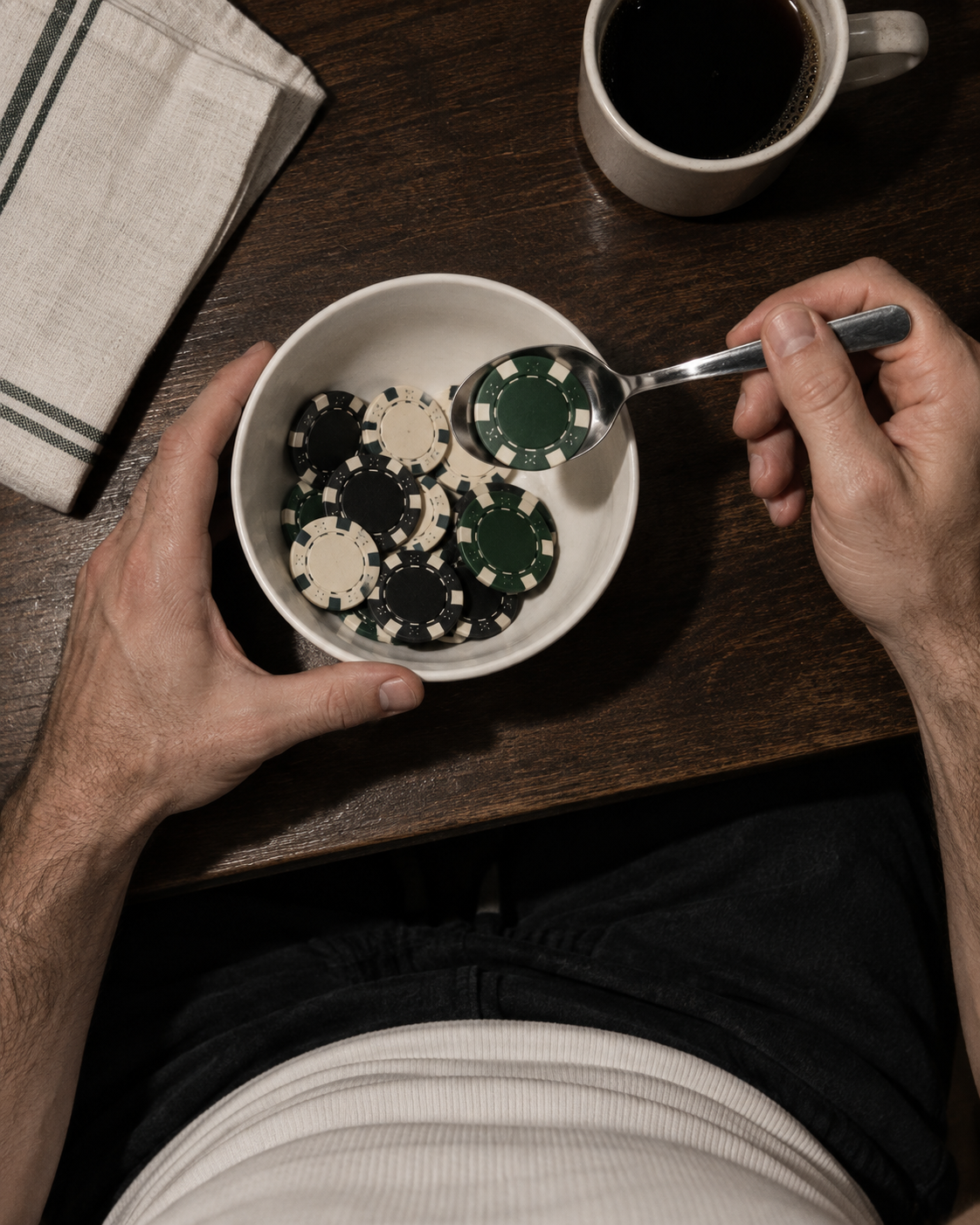 Vista de cima: fichas como cereal. Gesto cotidiano, identidade fora de quadro.
